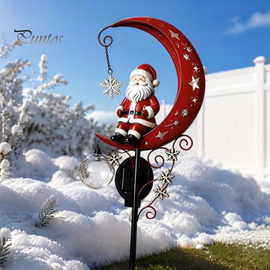 Holiday Pathway Decoration 31 Inch Solar-Powered Christmas Garden Stake Light, Santa Claus On A Moon LED Decorative Yard Light with Snowflake