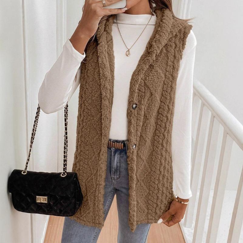 Damen zweiseitige Fleece-Weste, lässig, mit Kapuze, zum Knöpfen, ärmellos