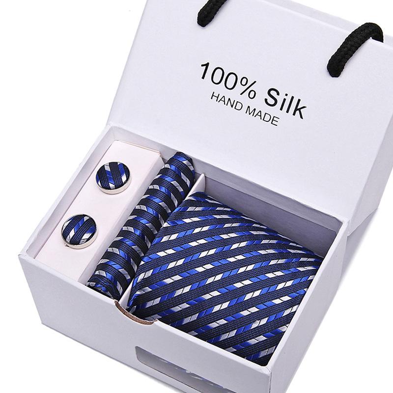 Gift Box Men'S Tie Five-Piece Set, Formal Business 7.5Cm Striped Blue And Black Tie Wedding Groom