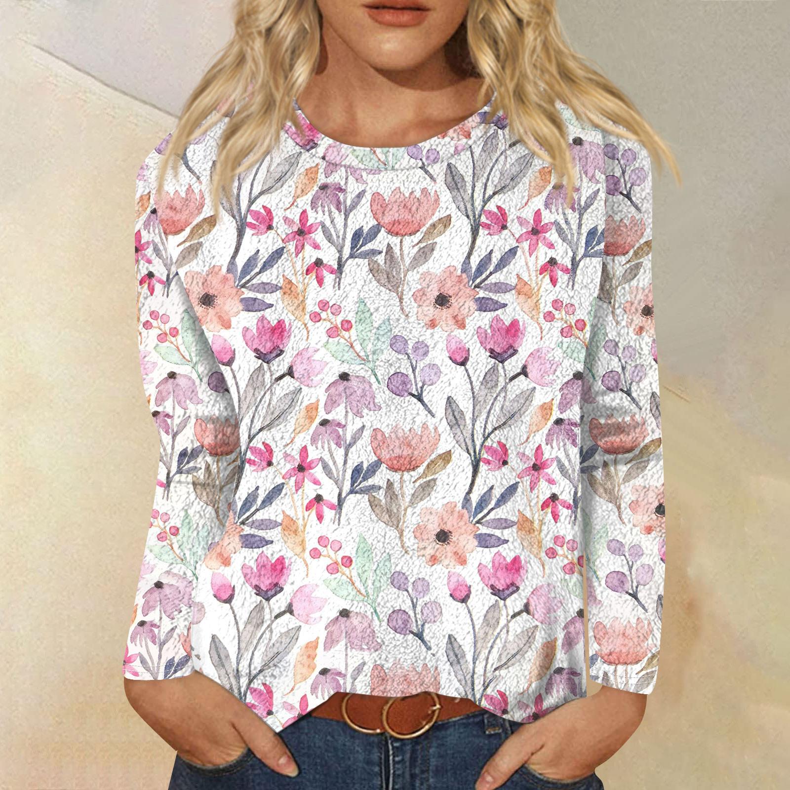 

Women s Fashion Casual Printed Flannel Long Sleeve Printed Round Neck T-Shirt Top S рожевий