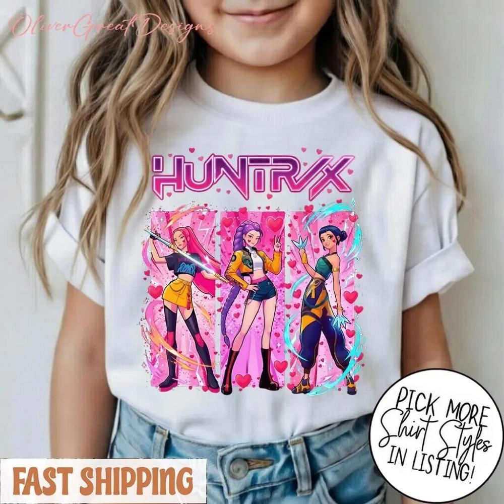 Retro HUNTRX Pattern Children's 100% Cotton T-shirt Casual Short-sleeved Anime Print Top for Children's Summer Everyday Wear