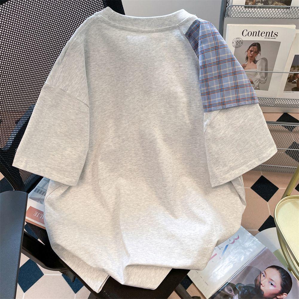 Women's Summer Plaid Bow Short Sleeve Korean Tee