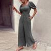 Women's Square Neck Puff Sleeve Wide Leg Printed Jumpsuit