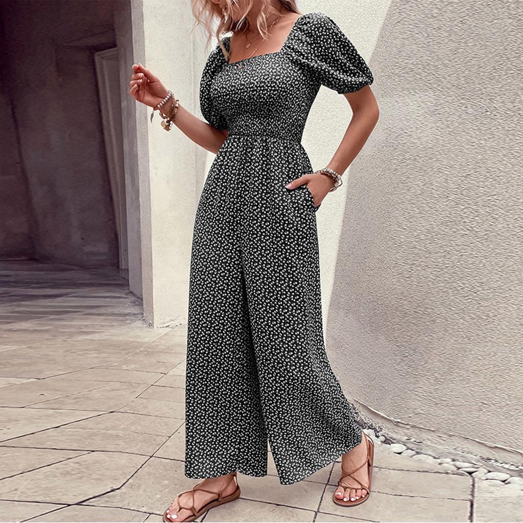 Women's Square Neck Puff Sleeve Wide Leg Printed Jumpsuit