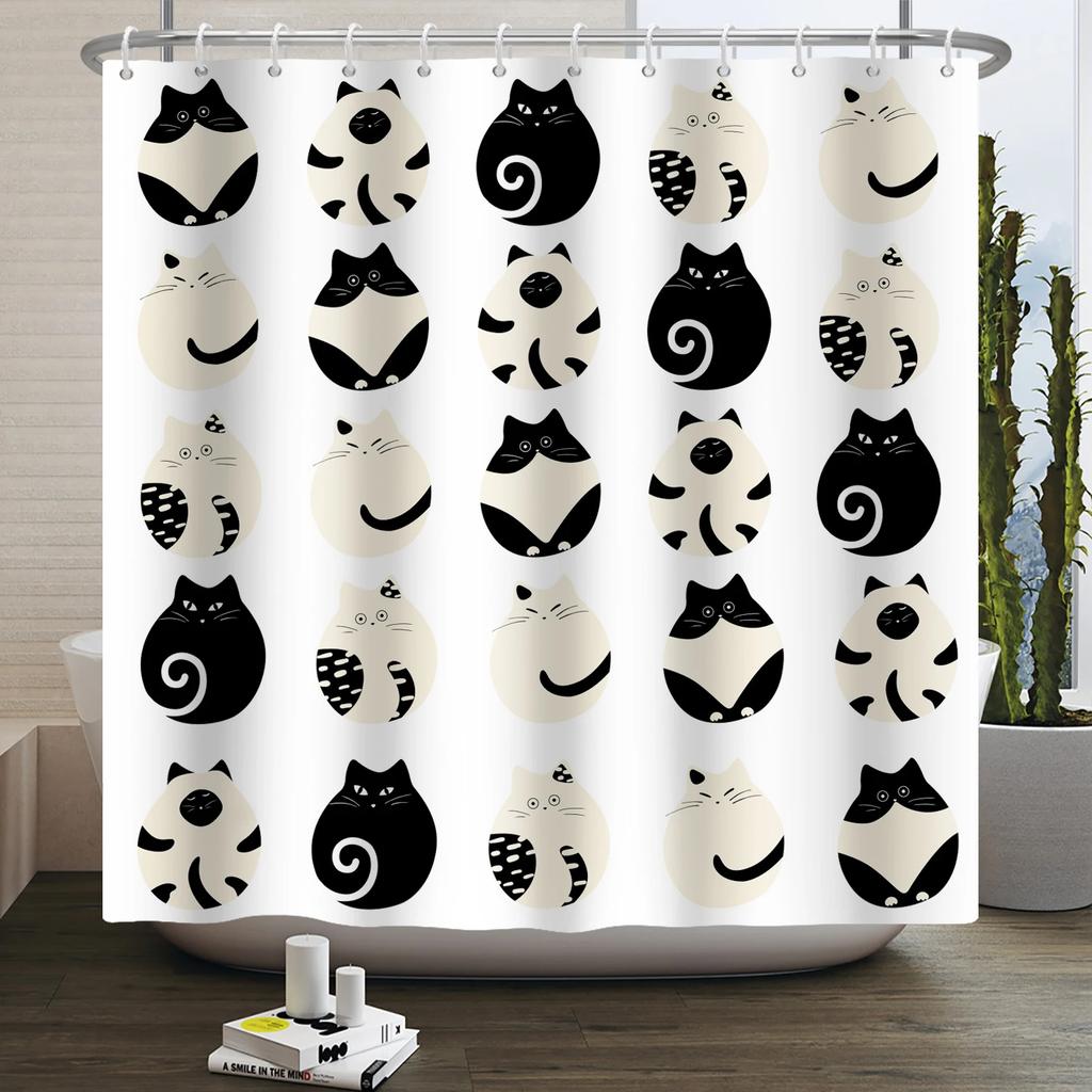 Kreskówkowy Kot Zasłona Prysznicowa Zabawne Zwierzę Słodki Kot Pies Dzieci Nadruk Wodoodporna Kąpiel Łazienka Zasłony Prysznicowe Dekoracja z Haczykami