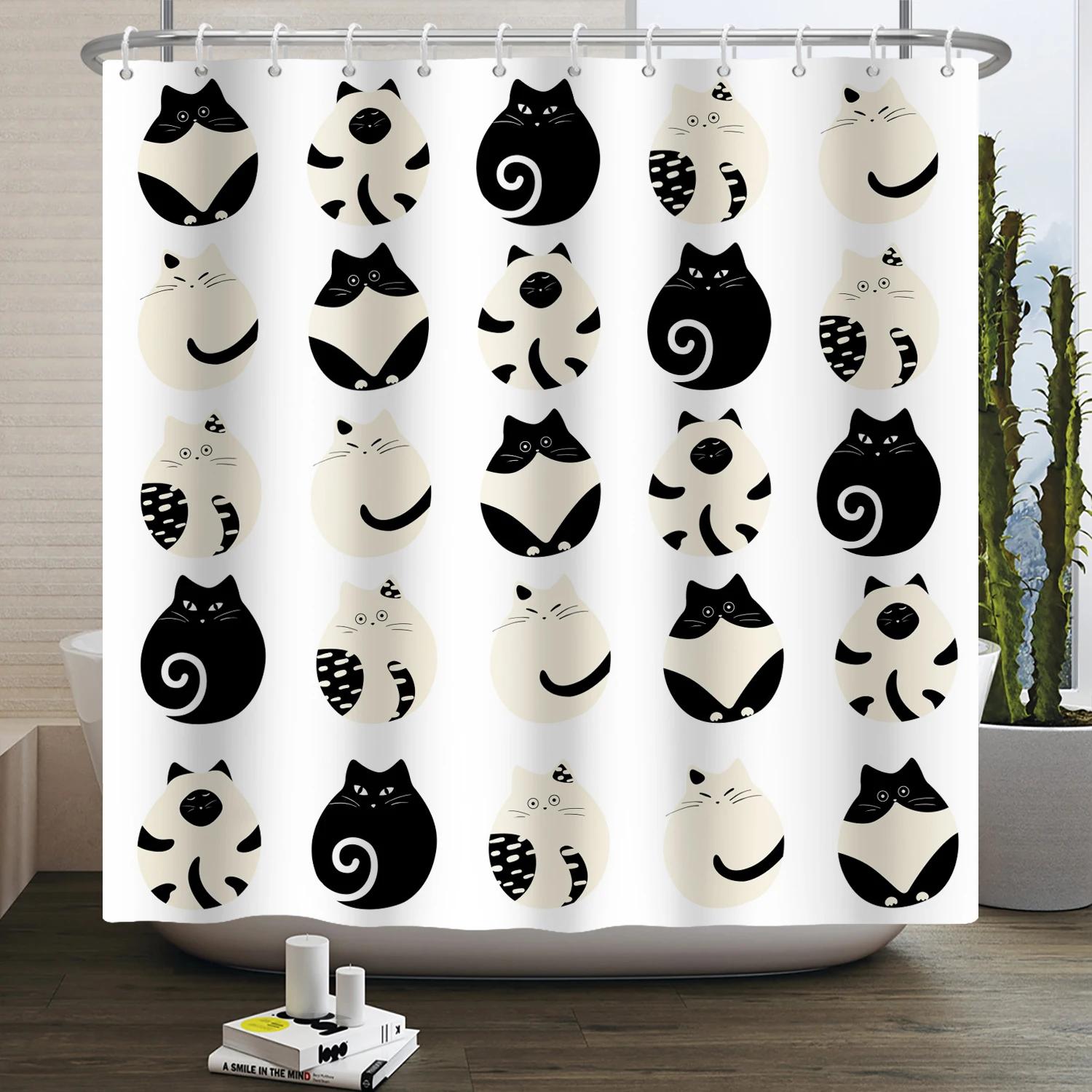 

Мультяшная кошка Занавеска для душа Смешное животное Милая кошка Собака Детский принт Водонепроницаемая Ванная комната Занавески для душа Декорация с крючками 90xH180cm