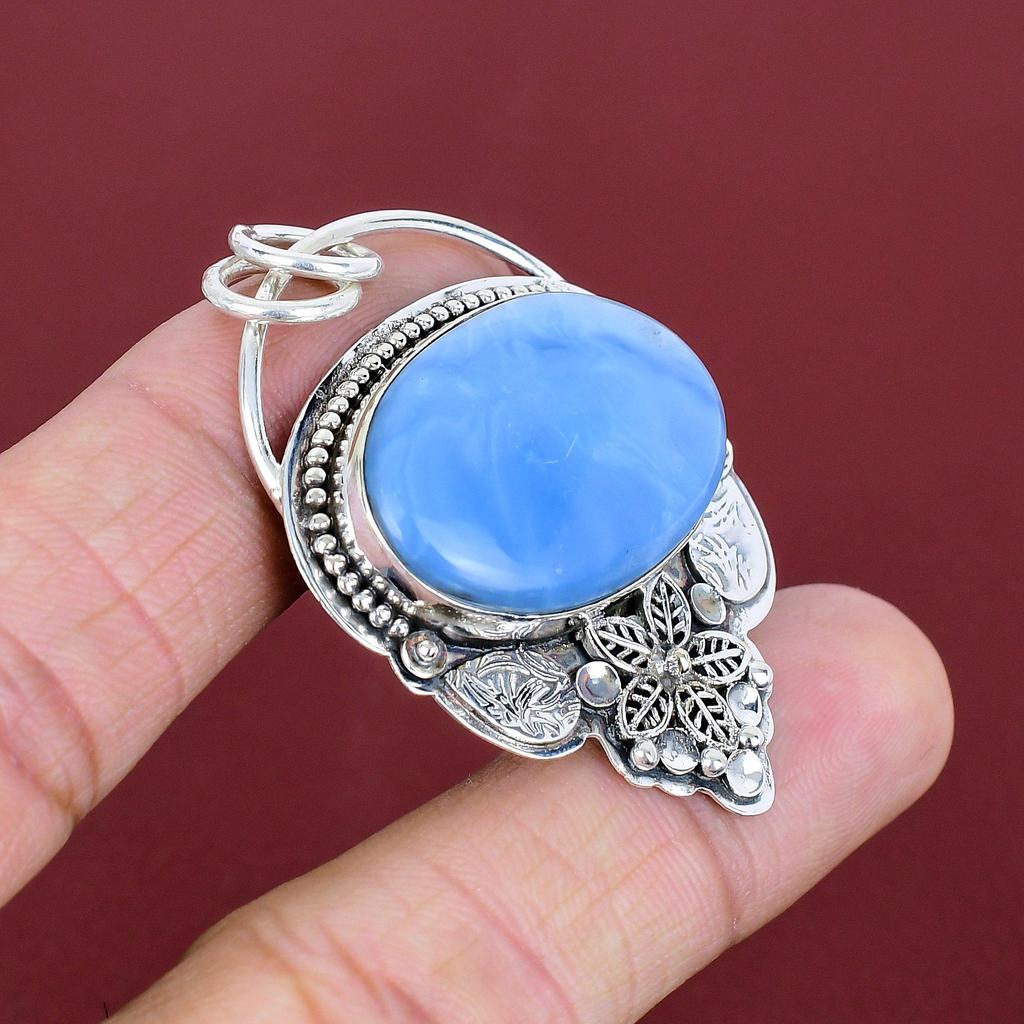 Owyhee Blue Opal Pendant Handmade Original Gemstone Pendant 925 Sterling Silver Pendant Antique Jewelry Dainty Flower Pendant Wedding Gifts
