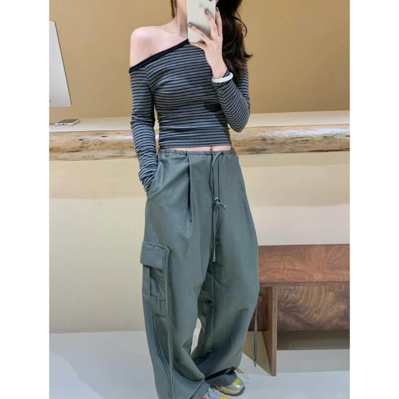 Off-Shoulder Spice Girl Slim-Fit Niche Bottom Shirt Women's Spring Stripe Contrast Color Long Sleeve Shoulder Top