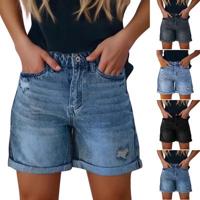 Women's Solid Color Jeans Stretch Slim Fit Distressed Denim Shorts