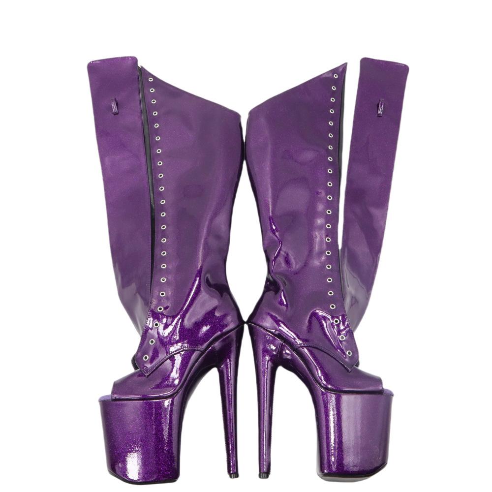 Fashion 20CM Heel Women Knee High Boots,Fetish Botas,Man Cross Dressing Cosplay Shoes,Peep Toe Platforms,Side Zip,Purple,Custom Colorsl