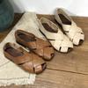 Kézzel készített marhabőr szőtt szandálok Retro Peep Toe puha, lapos talpú valódi bőr sekély női felcsúsztatható cipők