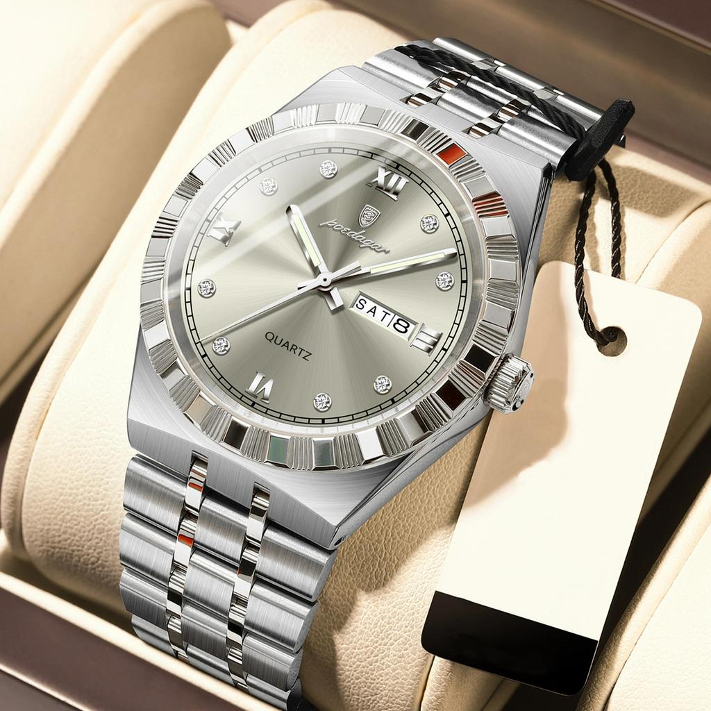 POEDAGAR Original Military Man Wristwatch Quartz Week Date Watch For Men Waterproof Luminous Stainless Steel Men's Watches