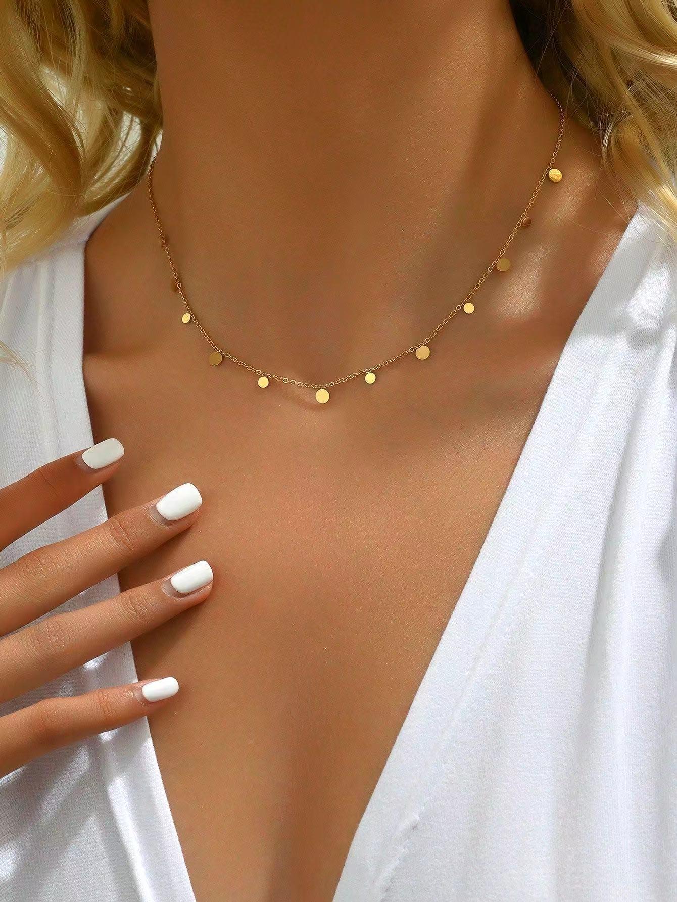 

Европейское и американское легкое роскошное многослойное колье-чокер с круглым диском и квадратным сердцем на ключице - Ожерелье из нержавеющей стали