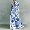 Women Stand Collar Long Sleeve Floral Print Waist Defined Vintage Casual Holiday Maxi Dress with Button Front and Pockets