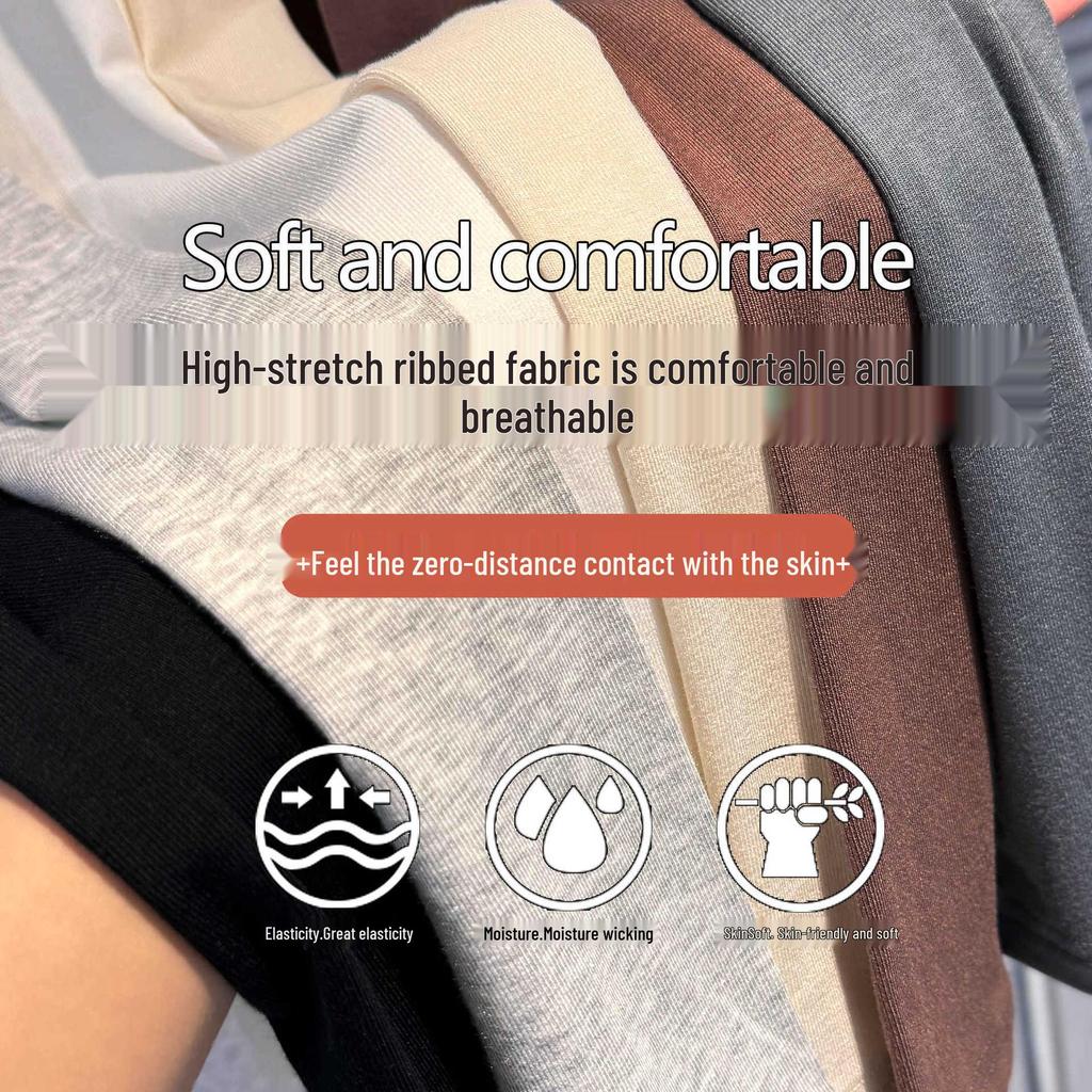 Damen 2024 Sommer Modisches Schwarzes T-Shirt: Gerippter Halbhoher Kragen, Kurze Ärmel, Reguläres Schulteransatz-Design