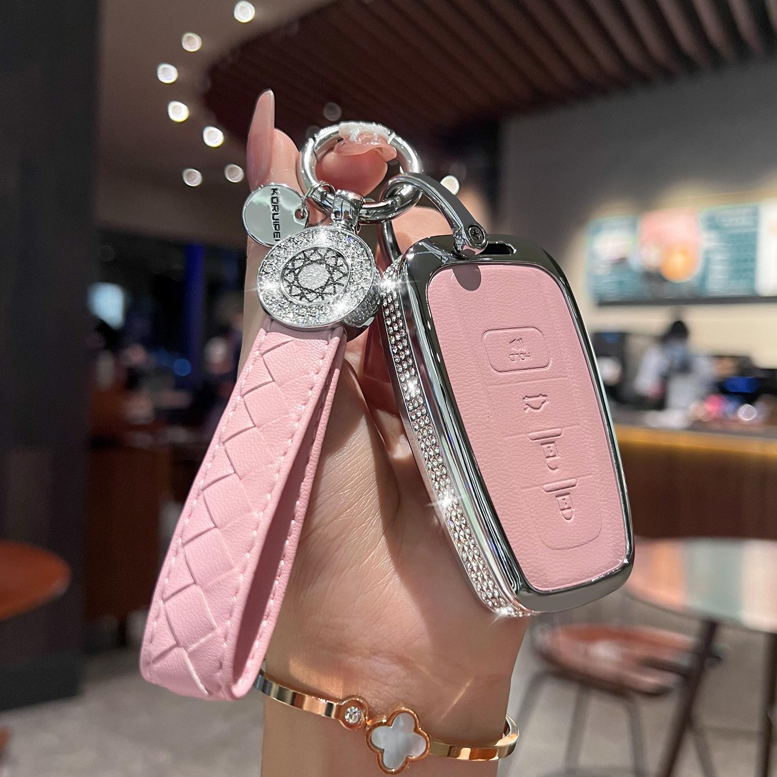

Compatible with Toyota Key Fob Cover with Keychain, Pink Genuine Leather Crystal Key Case Protection Shell for 2018-2022 Camry R розовый