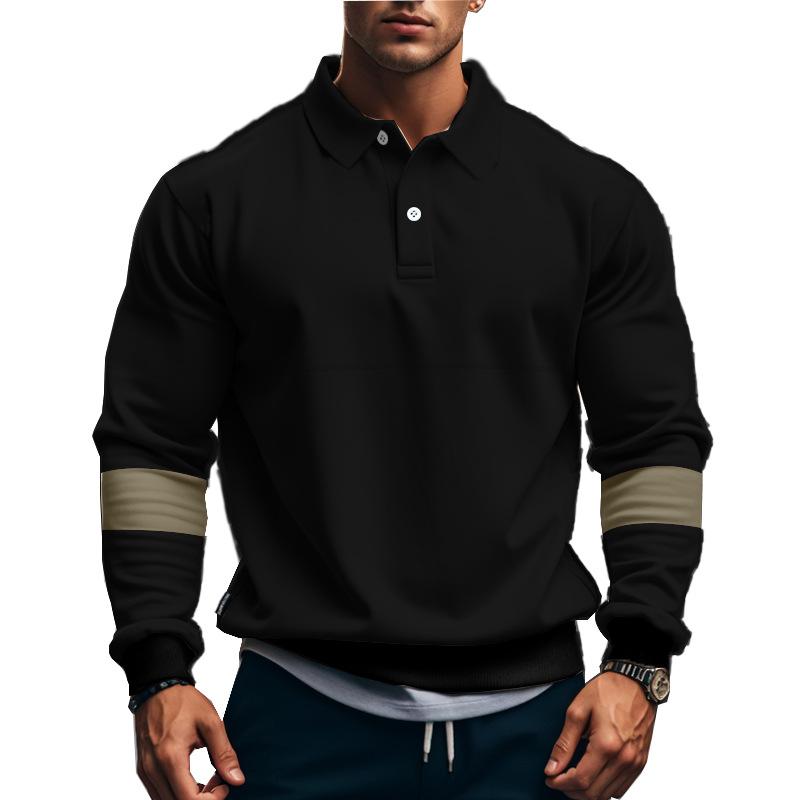 Retro-Herren-T-Shirt mit robustem Reverskragen und Krawattenknopf für Herbst und Winter, locker geschnitten, mit Farbblockmuster, große Größen, langärmlig