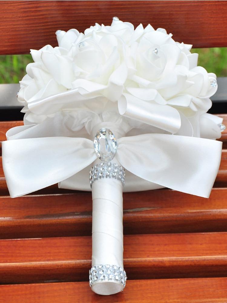 Artificiale rosa nuziale fiori di contenimento bouquet da sposa bouquet bianco per la sposa bouquet da sposa per damigelle d'onore con nastri morbidi diamantati
