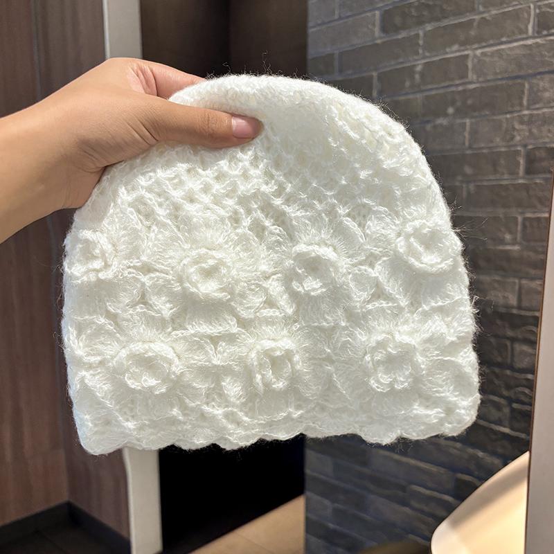 Versatile Handmade Crochet Hat Women's Spring and Autumn New Knitted Wool Hat Big Head Circumference Hollow Bag Head Hat