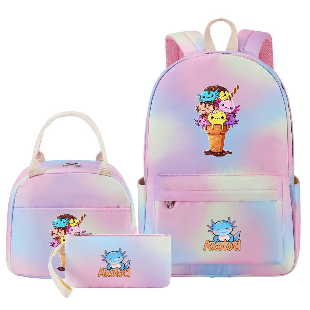 3Pcs Axolotl Backpack for Girls Teen, School Bag with Lunch Box & Pencil Case, Kids Student Daypack, Mochila Back To School Gift