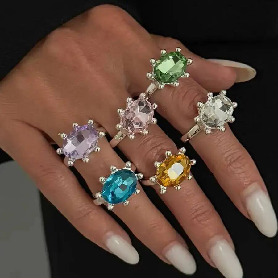 SHIXIN 2026 New Exquisite Colorful Rhinestone Open Rings Women Retro Acrylic Stack Adjustable Knuckle Ring Y2K Jewelry Accessory