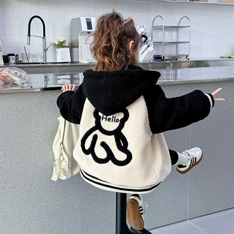 Girls' Fleece Coat, Autumn and Winter Casual Thickened Fleece Sweater with Embroidered Bear.