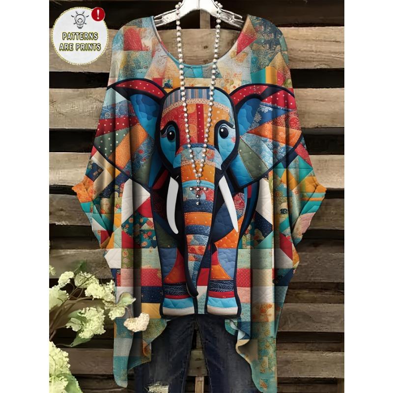 Women s plus size Plus T-shirt, color-blocked elephant pattern all-over printed short-sleeved, versatile and fashionable round-neck loose T-shirt, 1XL