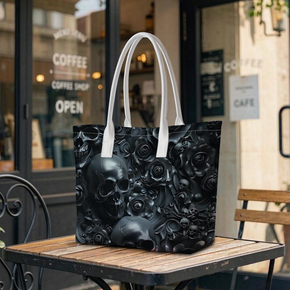 Gothic Skull Rose Pattern Tote Bag Fashion Daily Carry Shoulder Bag for Casual Use