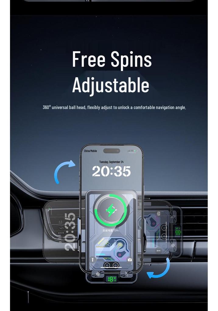CoolTech Car Phone Holder: Wireless Charging, Quick Cooling, Temperature Display & 7-Color LED Lights.