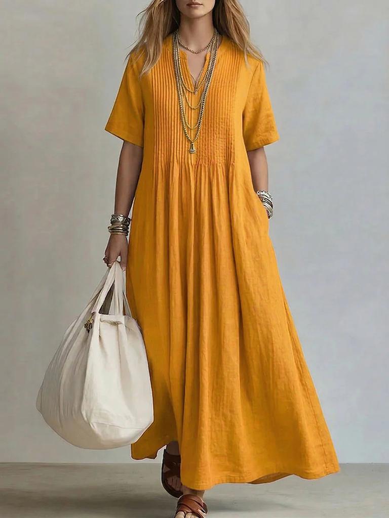 Maxi Abito in Cotone e Lino con Scollo a V e Maniche Corte per un Look Casual Estivo