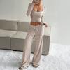 Women's Striped 2 Piece Outfits Long Sleeve Square Neck Cropped Top Drawstring Wide Leg Pants Set Casual Lounge Sweatsuits
