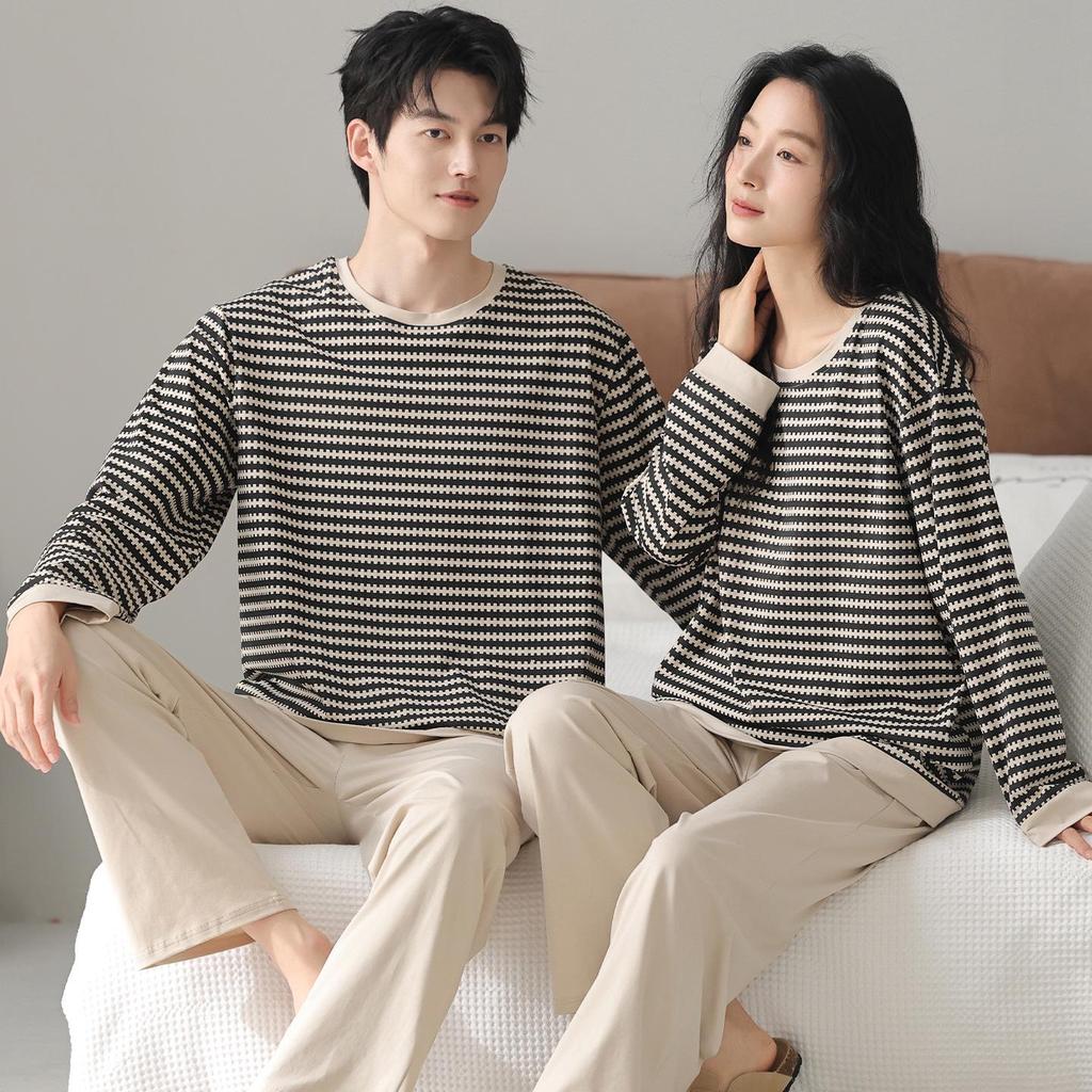 2025 New Couple's Pure Cotton Striped Pajama Set - Long Sleeve for Spring and Autumn