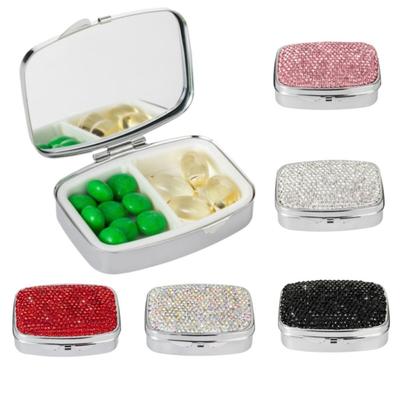 Portable Diamonds Studded Pills Holder Crystal Diamond with 2 Compartments Bling Pill Organizer Pill Case Outdoor