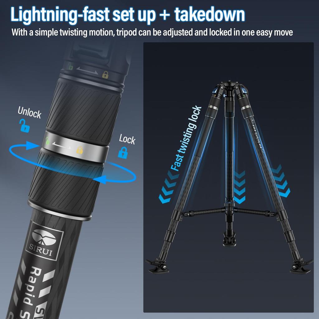 SIRUI SVS75 Professional Video Carbon Fiber Height Up To Lbs Professional Tripod for Video Cameras Tripod, 61" Tripod, One-Step Adjustment, Mid-Level