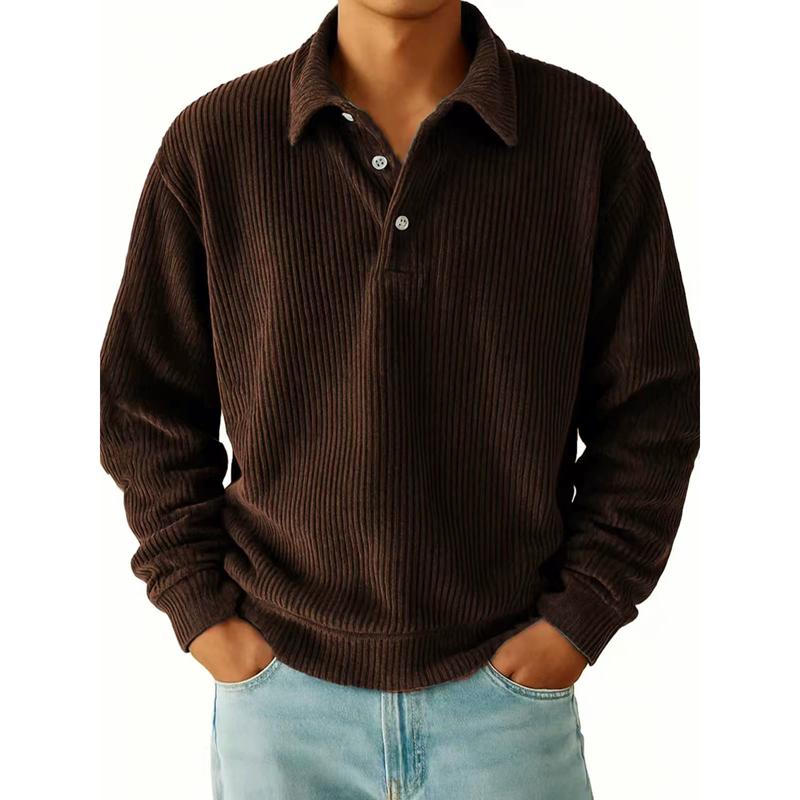 Automne Hiver Hommes Rétro Polos Décontracté Velours Côtelé Uni Rayé Manches Longues Polo Homme Hauts Affaires
