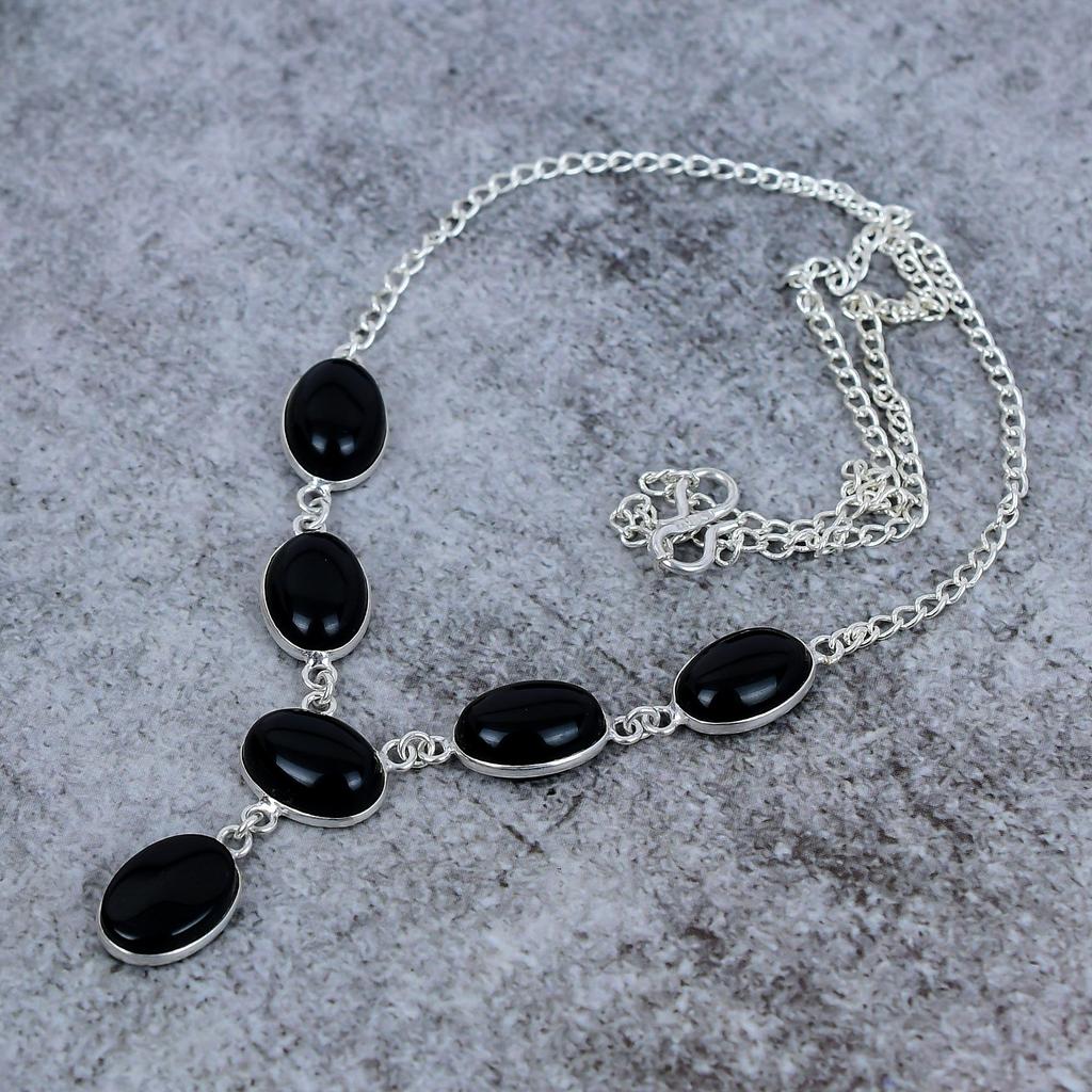 Black Onyx Gemstone Handmade 925 Sterling Silver Jewelry Necklace 18" M-411