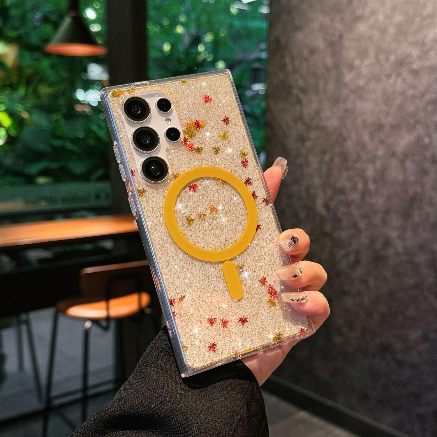 

Suitable for Samsung S25 Ultra Mobile Phone Case N52 Magnetic Absorbing S24FE Leaf Flash Powder Four Corner Anti Fall Protection Case Galaxy S24 FE