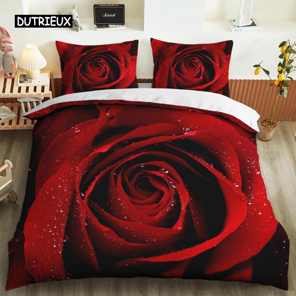Red Rose Duvet Cover Set Full Size Microfiber Red Flower Quilt Cover for Valentine's Day Mother's Day Wedding Soft Bedding Set