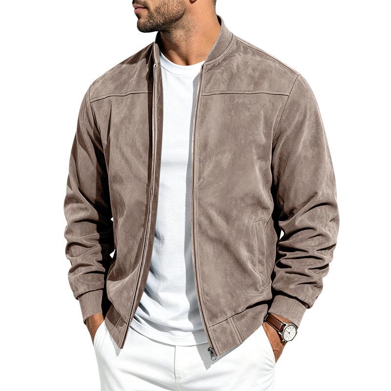 Men Faux Suede Bomber Jacket Zip‑Up Baseball Collar Casual Long Sleeve Outerwear Lightweight Fall Pilot Coat