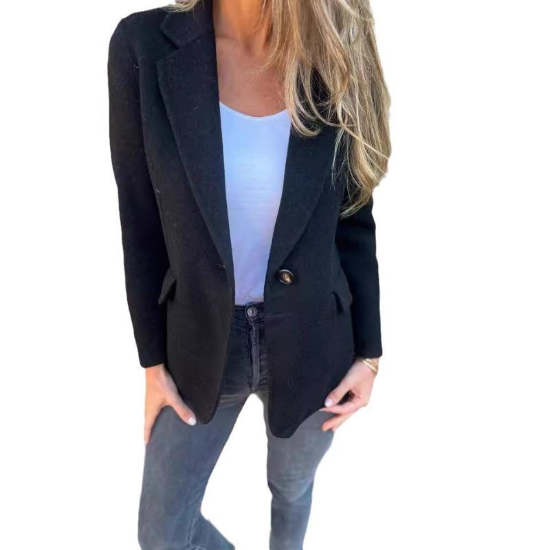 Women S Casual Wool Blazer Lapel Button Fake Pockets Long Sleeve Coat