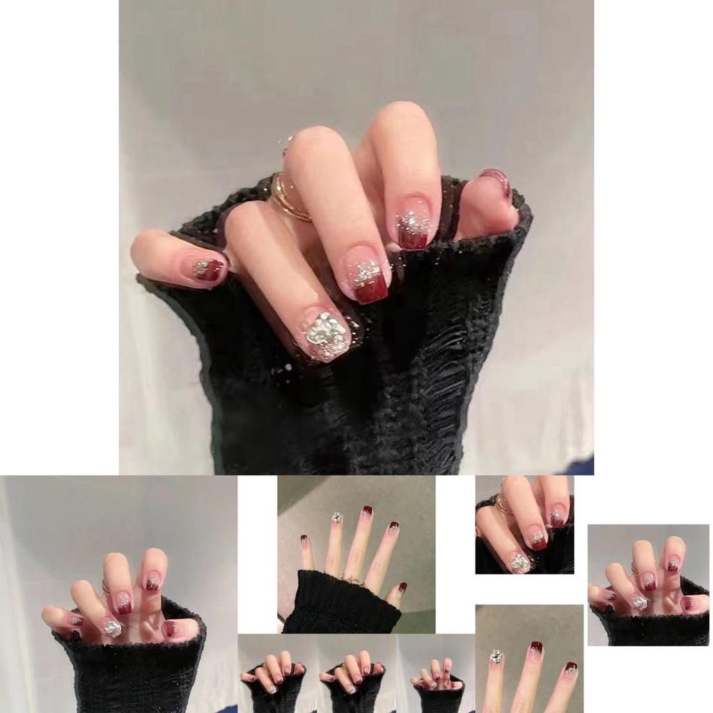 Chestnut Red Handmade Gel Nail Stickers Cherry Color Nail Patch Short French Heart Nail Art