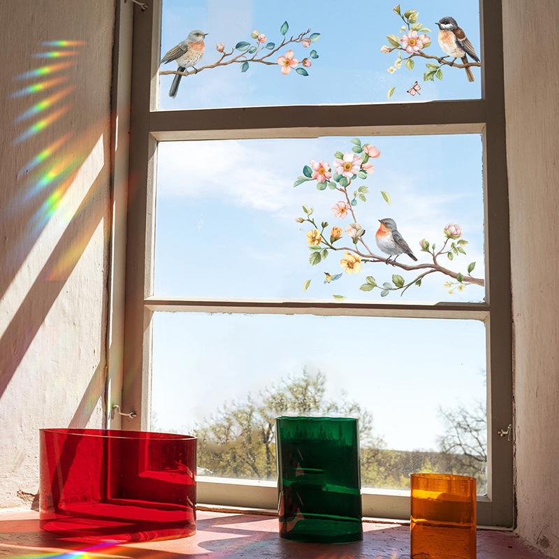 Rosa Blumen Vögel auf Ast Wandaufkleber Selbstklebende Dekoration für Wohnzimmer Schlafzimmer Heimdeko