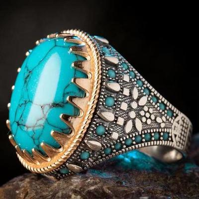 Retro Men's Two-Tone Electroplated Imitation Turquoise Ring