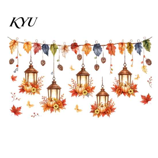 Autumn Scene Window Stickers Maple Leaf And Lantern Static Sticker, Double Sided PVC Waterproof Seasonal Art Decals, Removable Electrostatic