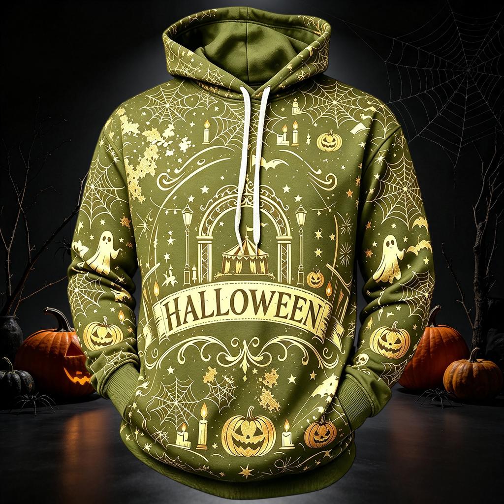 Men's Casual Long Sleeve Hoodie with Halloween Print for Everyday Wear