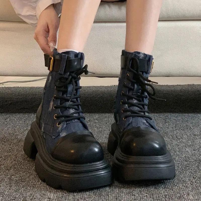 Fashion Ankle Boots for Women Cowboy Lace-up Booties Blue Pu Designer Luxury Large Size Warm Boot Footwear Autumn Goth Woman Short Shoes