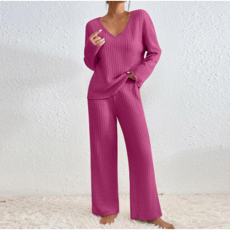 Womens Long Sleeve V-Neck Solid Color Knit Top Casual Pants 2-Piece Set Fall 2026