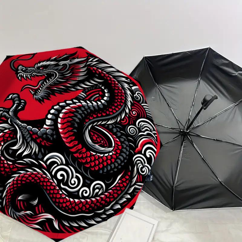 1pc Red Dragon Circular Illustration Umbrella with Plastic Handle,Suitable for All Seasons Home Travel Outdoor UmbrellaDD1342