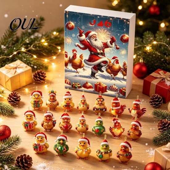 Christmas Tree Decor Chicken Advent Calendar 2026, 24 Days Countdown with 2D Flat Surprise Acrylic Ornament, Cartoon Hanging Pendant for Tree, Holiday