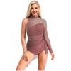 Damen Lyrisches Tanzkostüm Glitzernde Strasssteine Gerafftes Mesh-Overlay Asymmetrischer Rock-Leotard